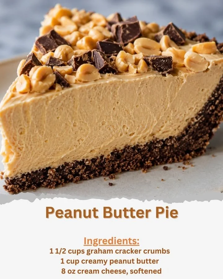 Creamy peanut butter dessert pie topped with chocolate and crushed peanuts