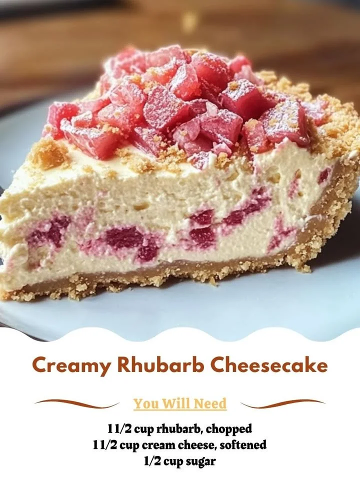 Slice of creamy rhubarb cheesecake on a plate with fresh rhubarb garnish