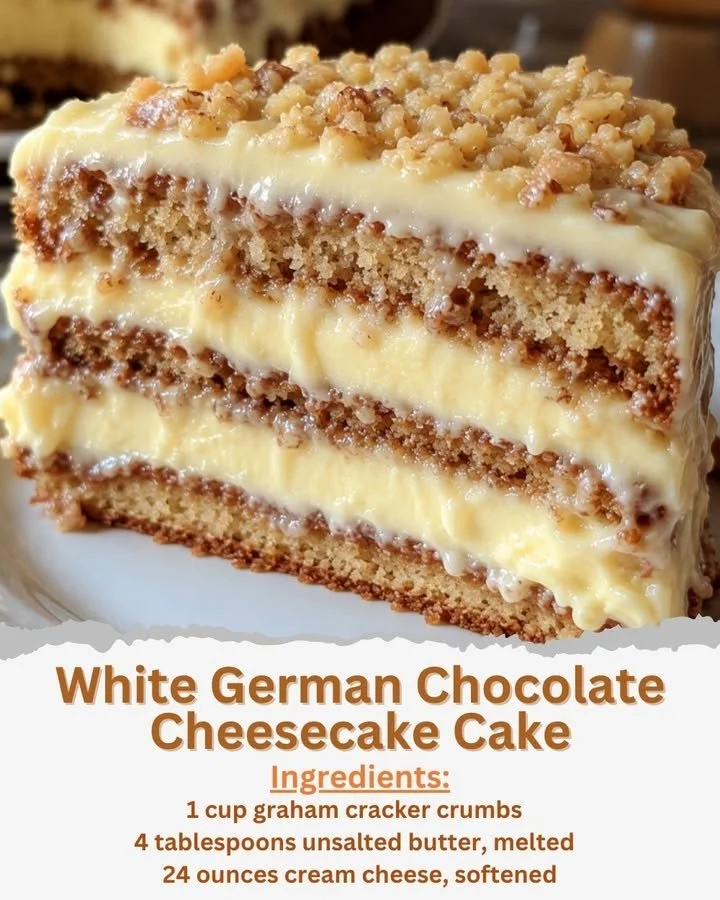 Creamy white German chocolate cheesecake layer cake with chocolate ganache topping