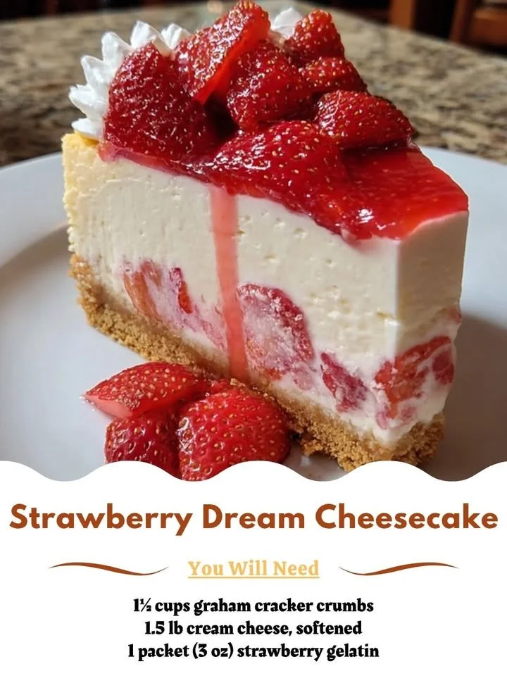 Delicious slice of dreamy strawberry cheesecake topped with fresh strawberries.