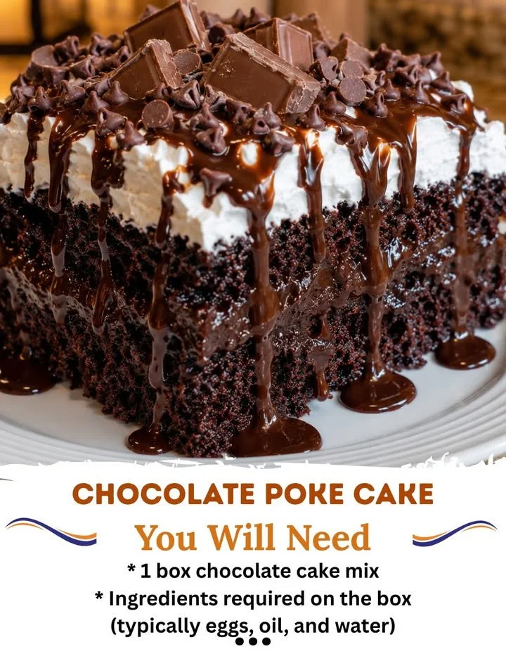 Delicious easy chocolate poke cake dessert with creamy topping
