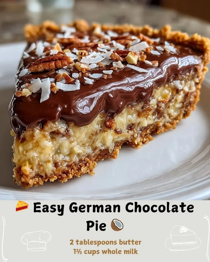 Delicious Easy German Chocolate Pie topped with chocolate and coconut