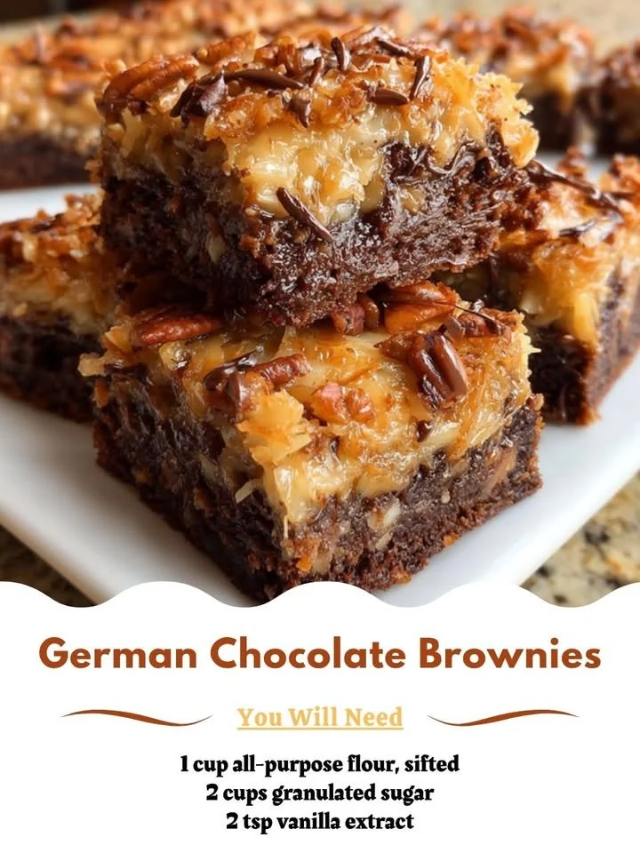 Delicious German chocolate brownies topped with coconut and pecans.
