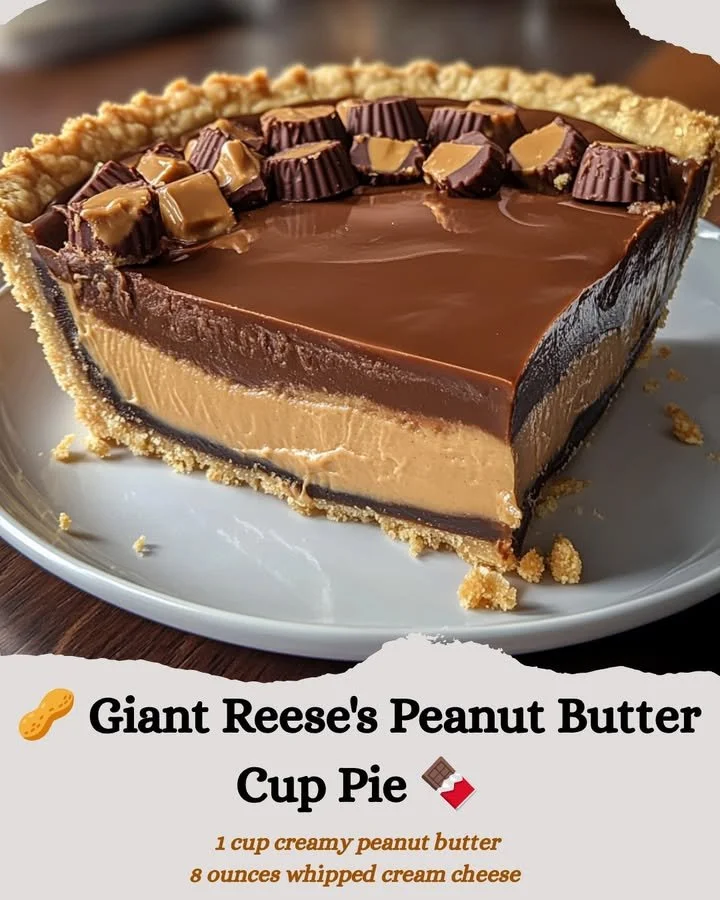 Giant Reese's Peanut Butter Cup Pie topped with chocolate and peanut butter