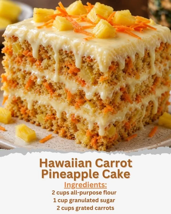 Slice of Hawaiian Carrot Pineapple Cake with vibrant toppings