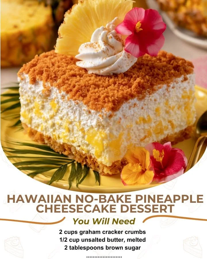 Hawaiian No-Bake Pineapple Cheesecake topped with pineapple slices
