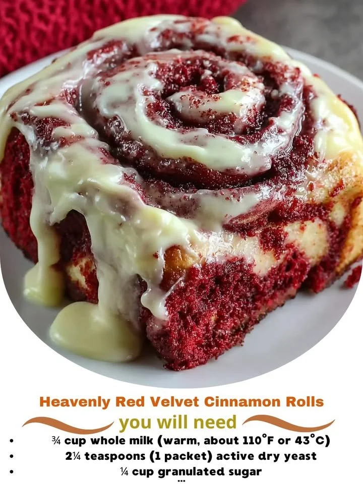 Delicious red velvet cinnamon rolls drizzled with cream cheese icing