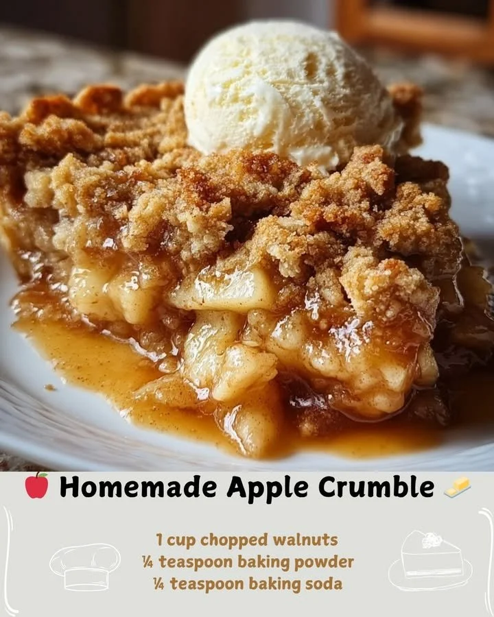 Delicious homemade apple crumble served in a bowl with cinnamon and ice cream.