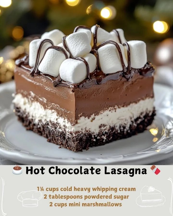 Delicious hot chocolate lasagna dessert layered with chocolate and cream.