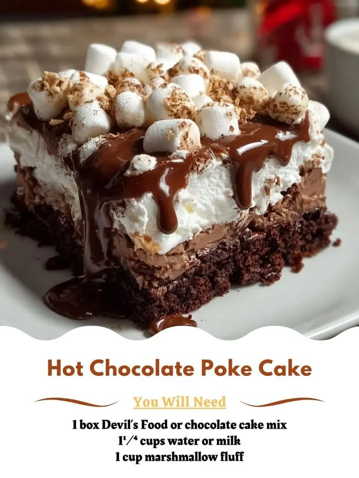 Delicious hot chocolate poke cake topped with whipped cream and chocolate shavings.
