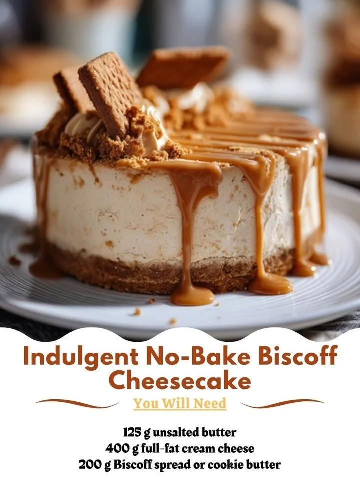 No-bake Biscoff cheesecake topped with crushed Biscoff cookies.
