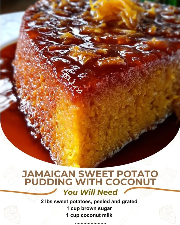 Delicious Jamaican coconut sweet potato pudding topped with coconut flakes