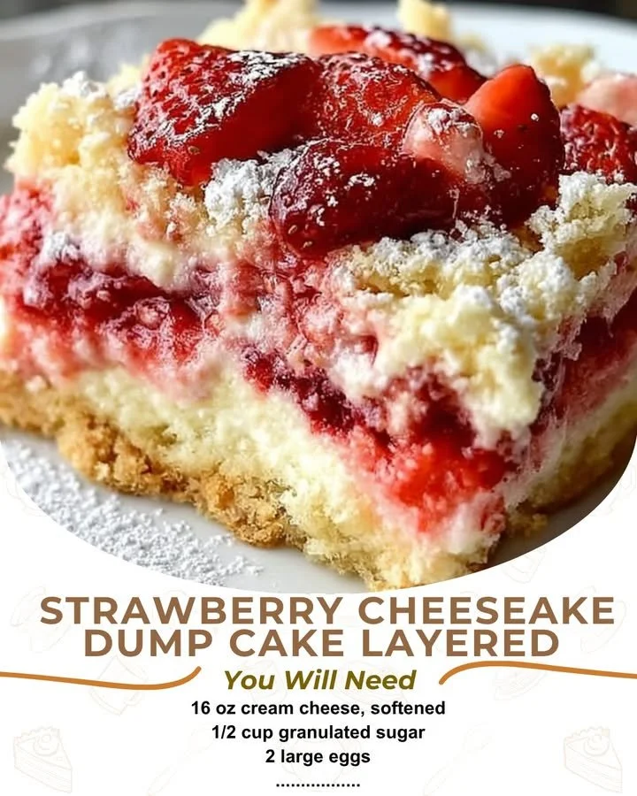 Delicious Layered Strawberry Cheesecake Dump Cake topped with fresh strawberries.