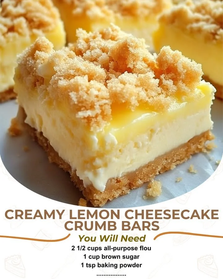 Lemon cheesecake crumb bars topped with a dusting of powdered sugar