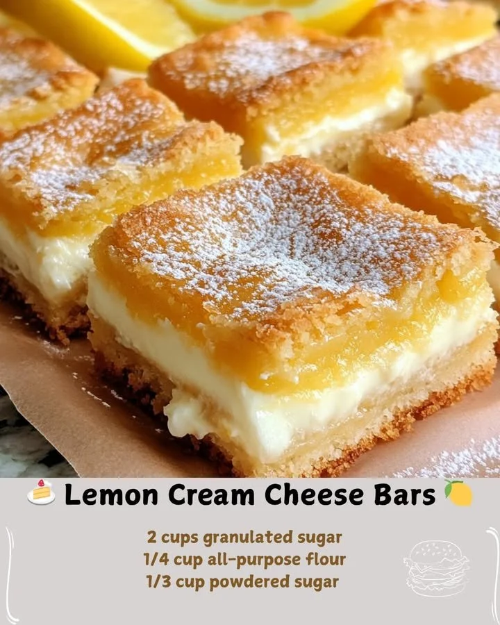 Delicious Lemon Cream Cheese Bars topped with lemon zest and cream cheese frosting