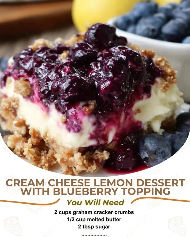 Delicious lemon cream cheese dessert with blueberry topping