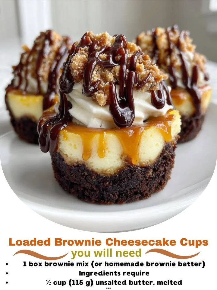 Delicious loaded brownie cheesecake cups topped with chocolate and whipped cream.