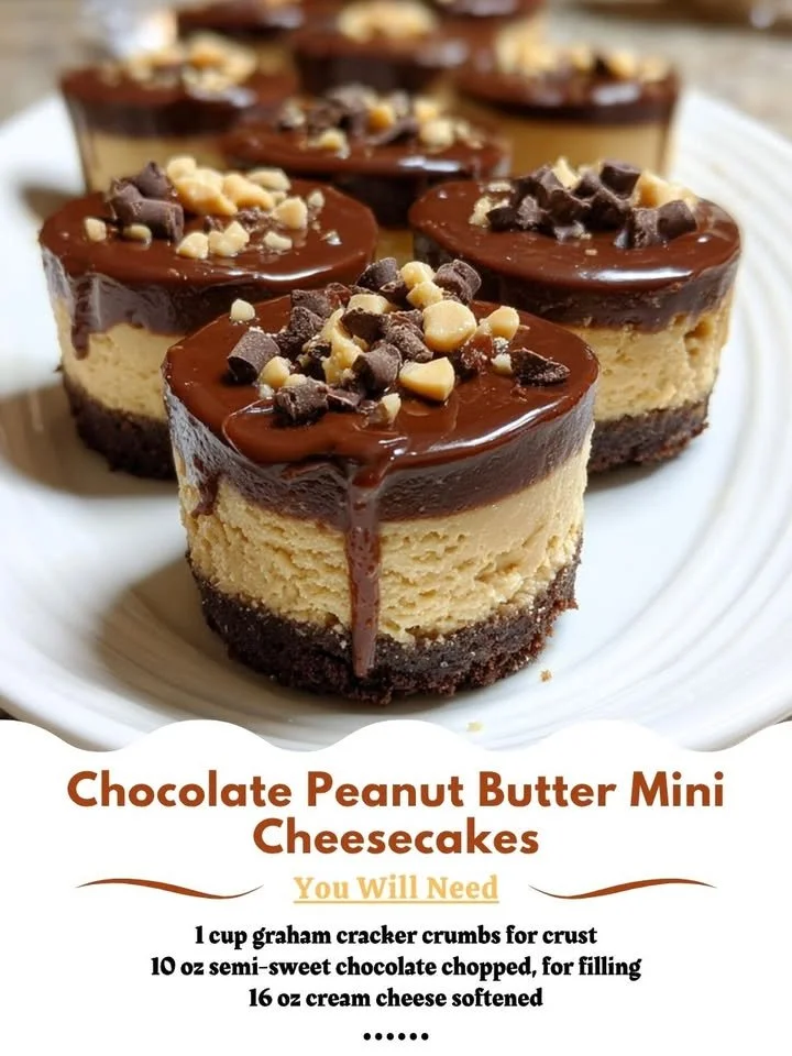 Mini Chocolate Peanut Butter Cheesecakes topped with chocolate drizzle and peanuts