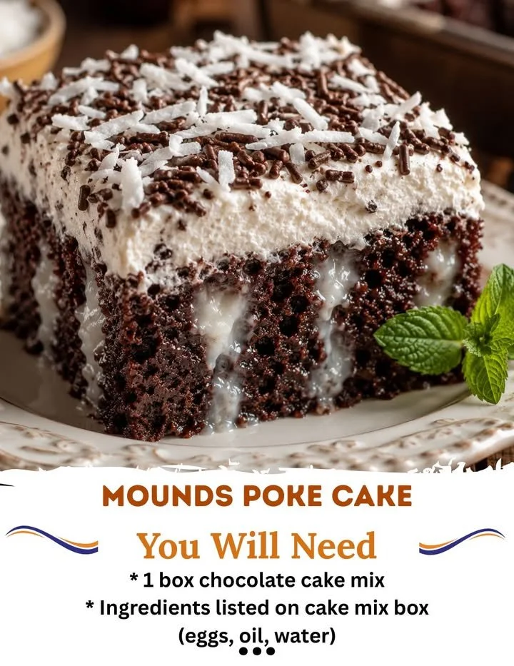 Slice of Mounds Poke Cake topped with chocolate and coconut flakes