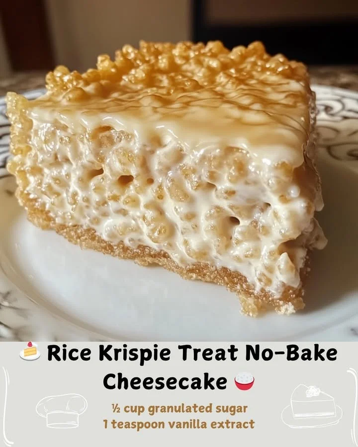 No-bake cheesecake topped with Rice Krispie Treats on a plate