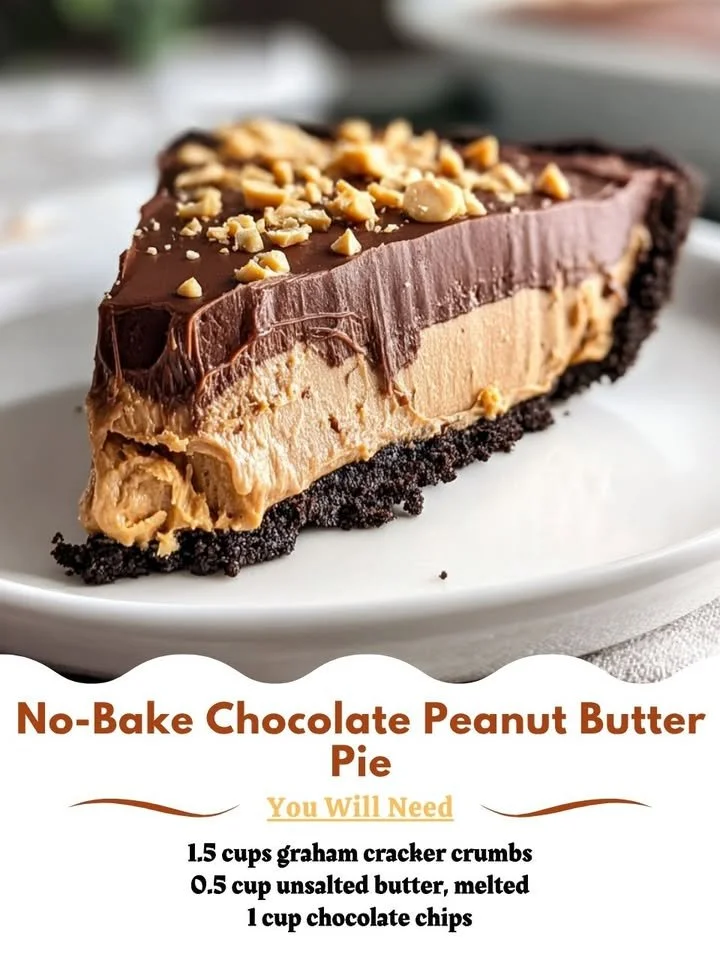 Delicious no-bake chocolate peanut butter pie decorated with chocolate drizzle.