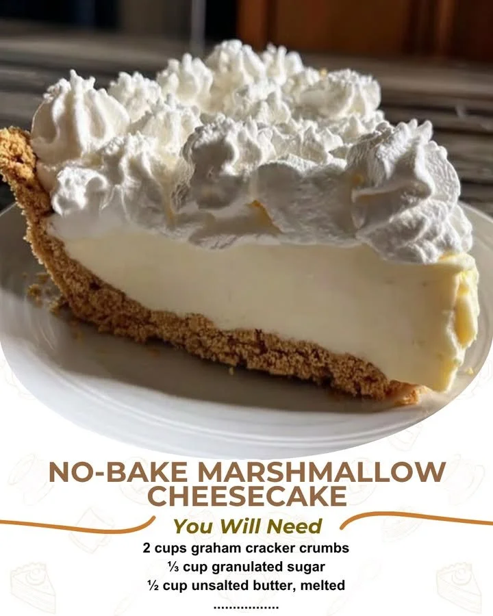 Delicious no-bake marshmallow cheesecake topped with whipped cream and chocolate drizzle.