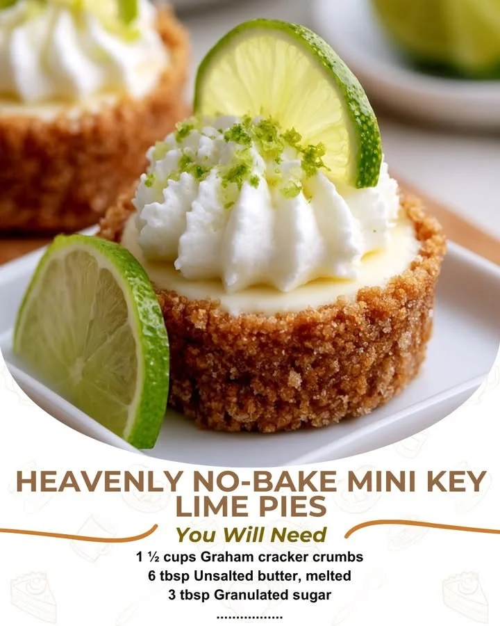 No-Bake Mini Key Lime Pies garnished with whipped cream and lime slices
