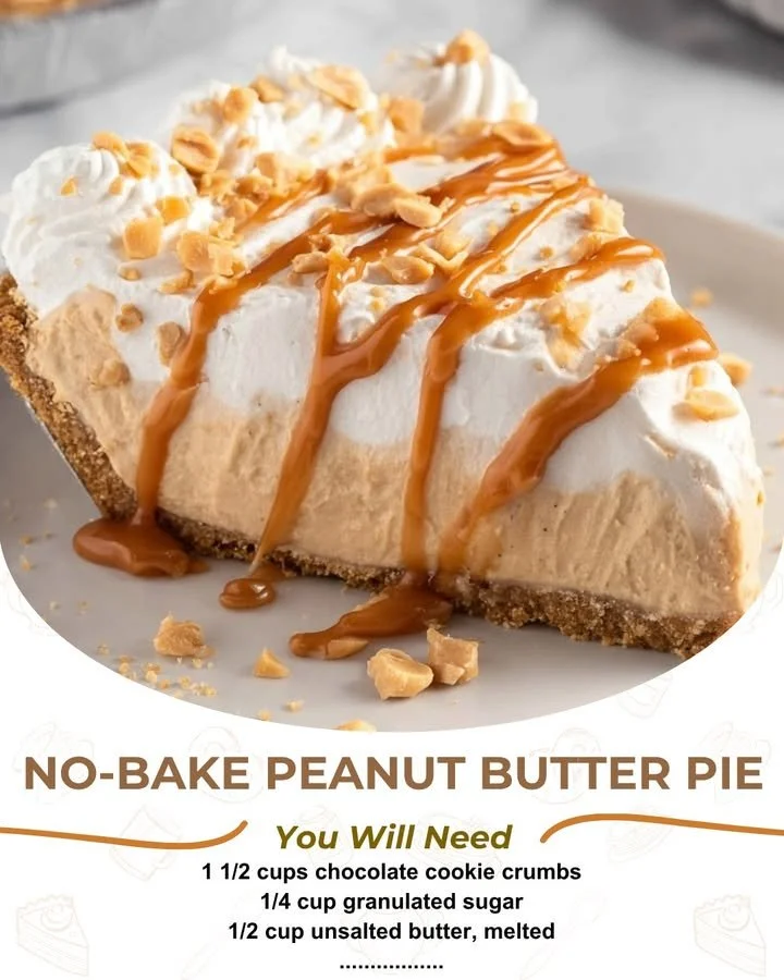 Delicious no-bake peanut butter pie with a creamy filling and chocolate drizzle