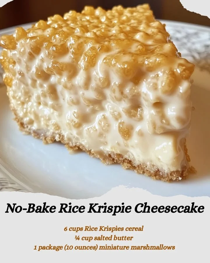 No-Bake Rice Krispie Cheesecake topped with caramel drizzle and whipped cream