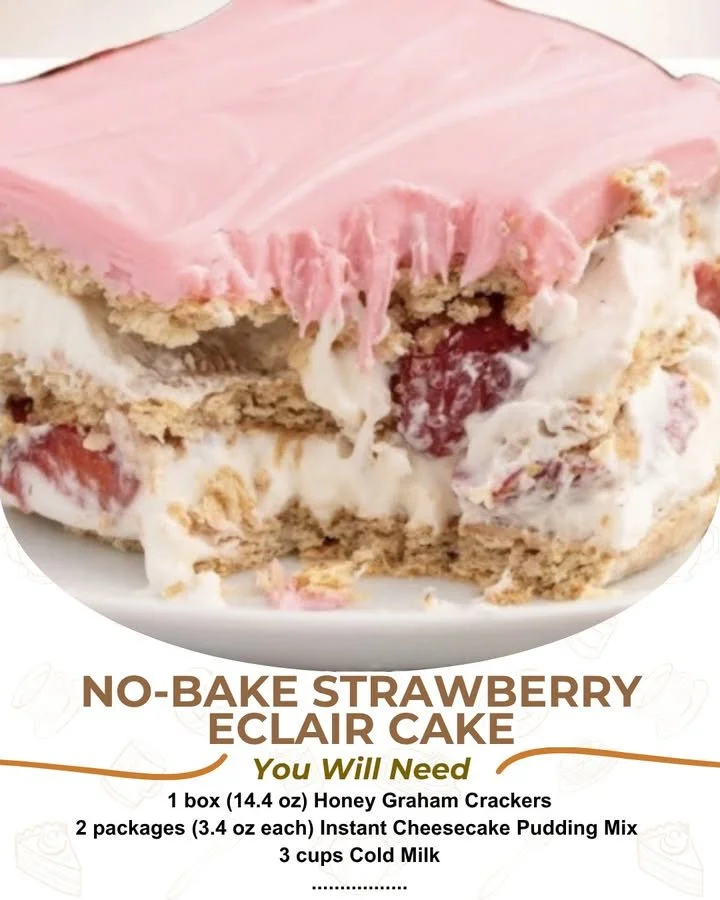 No-bake strawberry eclair cake topped with fresh strawberries and cream