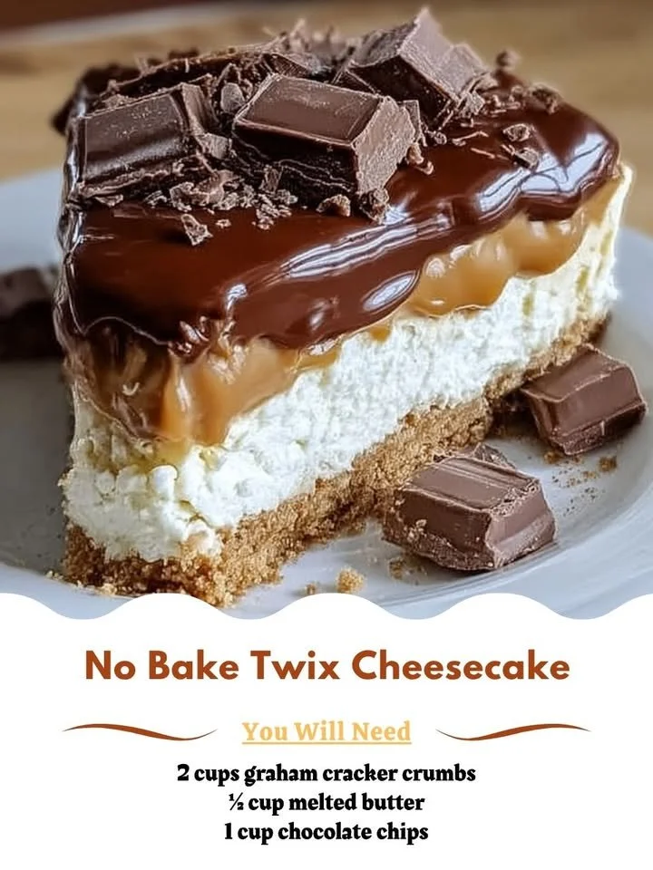 Delicious No-Bake Twix Cheesecake with chocolate and caramel layers