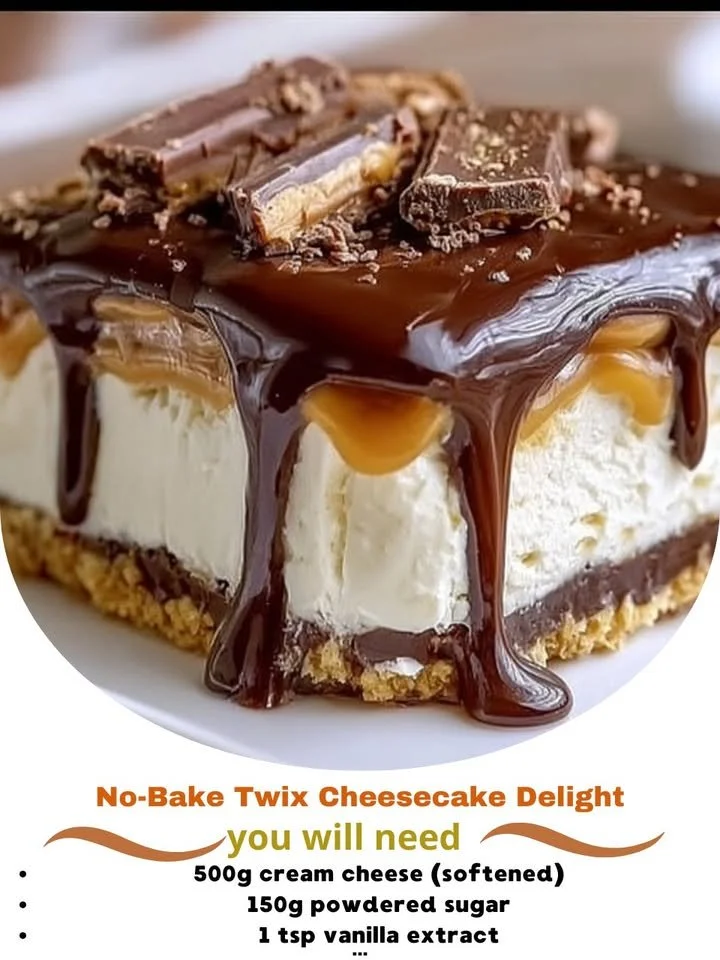 Delicious no-bake Twix cheesecake topped with caramel and chocolate.