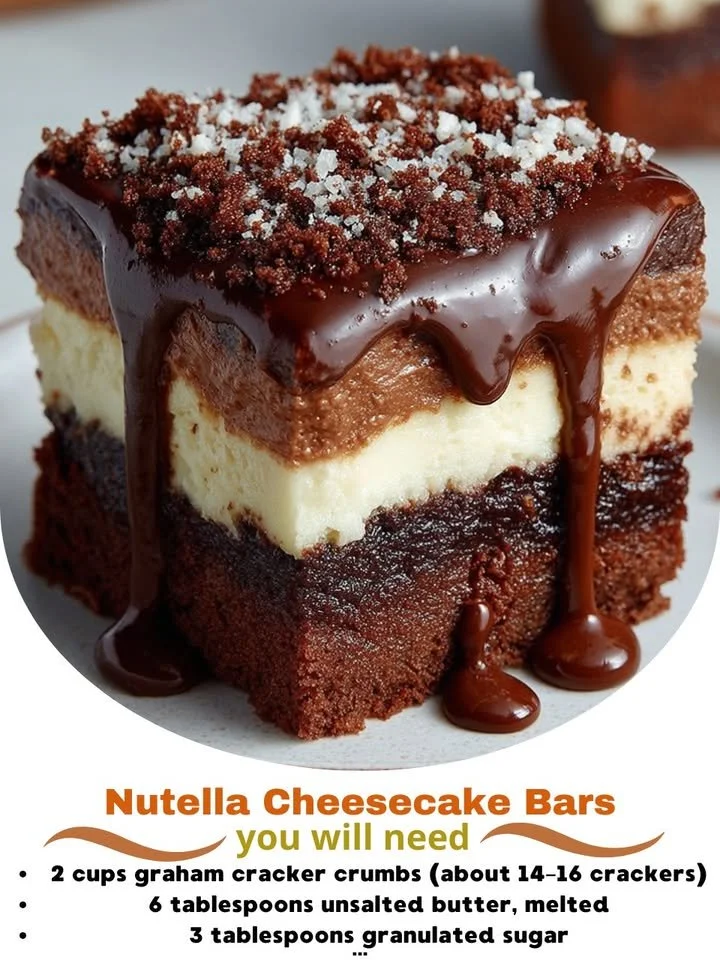 Nutella cheesecake bars with a rich, creamy texture and chocolate topping.