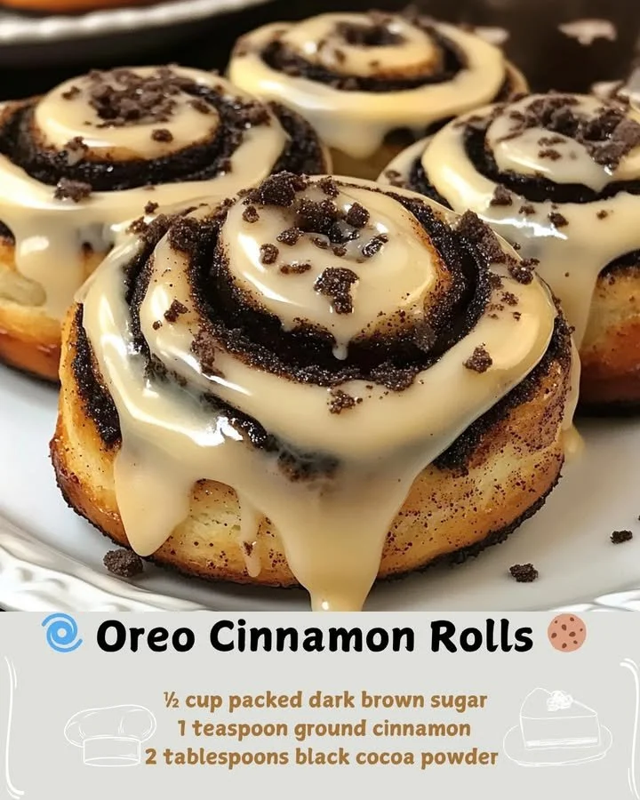 Delicious Oreo cinnamon rolls topped with creamy frosting