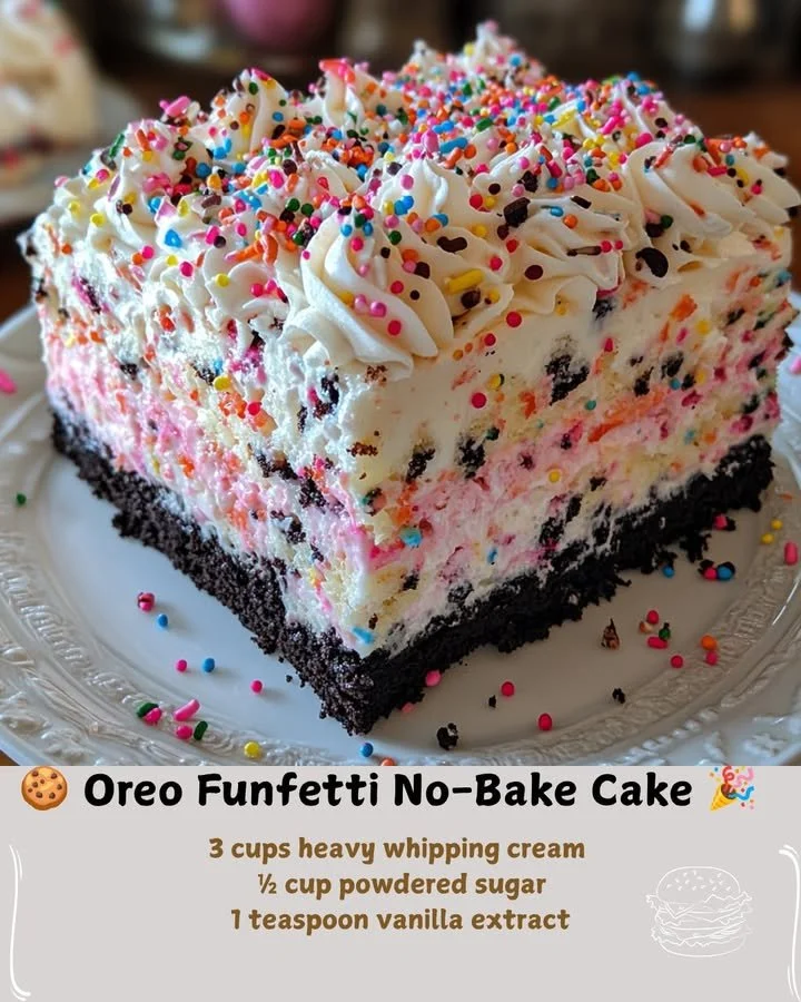 Oreo Funfetti no-bake cake with colorful sprinkles and Oreo cookie topping