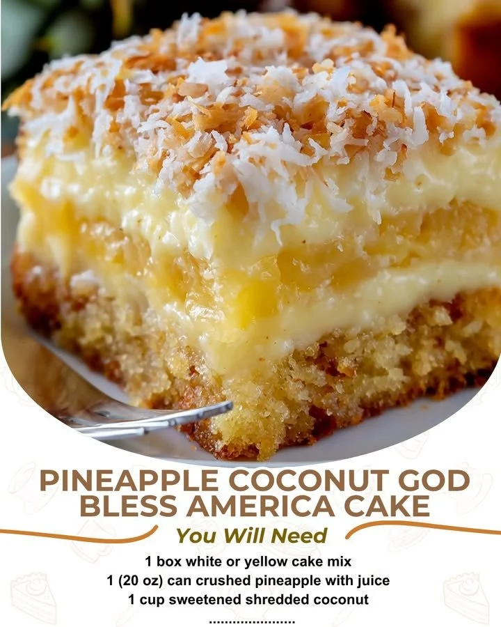 Patriotic Pineapple Coconut Cake decorated with red, white, and blue toppings