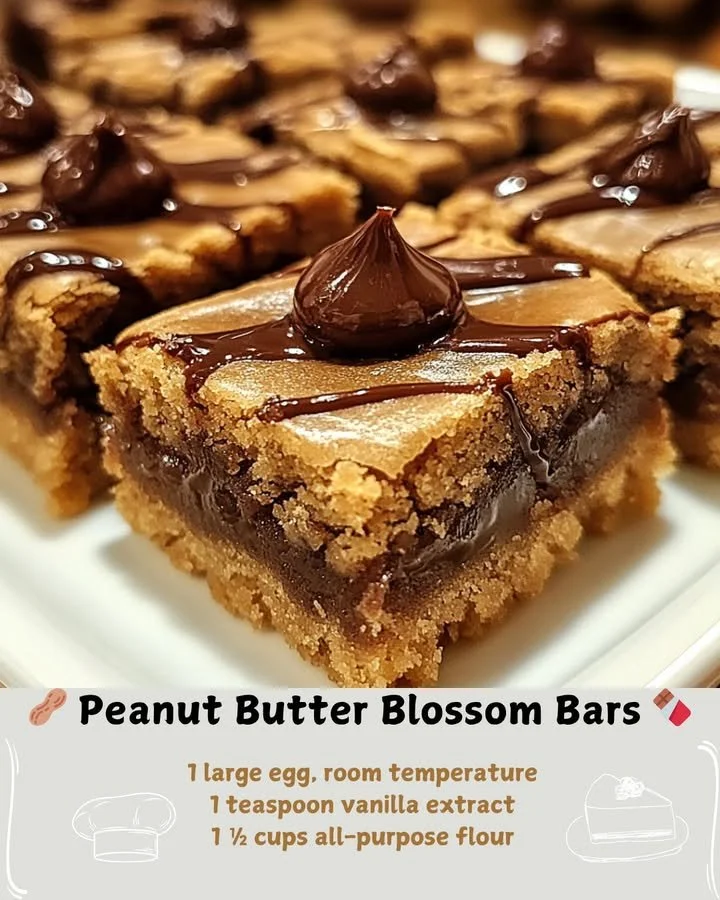 Delicious Peanut Butter Blossom Bars with chocolate kisses on top