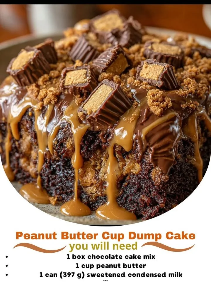 Delicious Peanut Butter Cup Dump Cake fresh out of the oven, topped with chocolate and peanut butter.