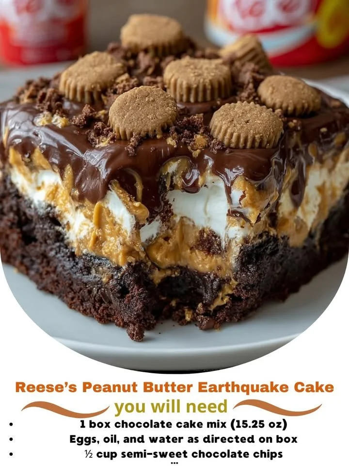 Peanut Butter Earthquake Cake topped with Reese's chocolates