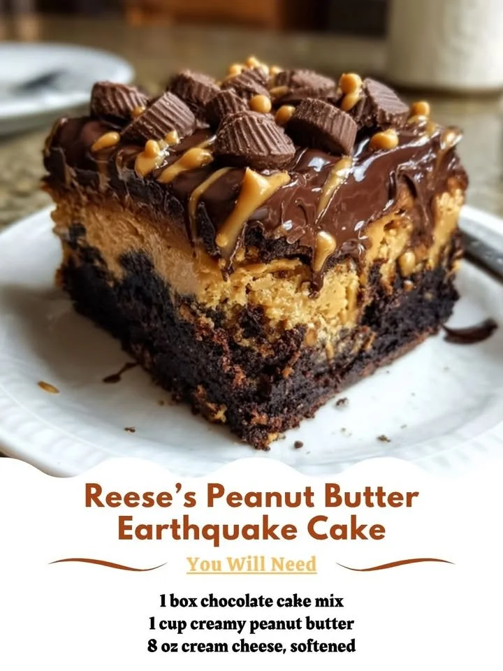 Peanut Butter Earthquake Cake with Reese’s toppings