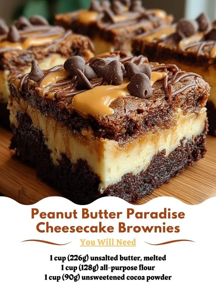 Peanut Butter Paradise Cheesecake Brownies sliced on a plate