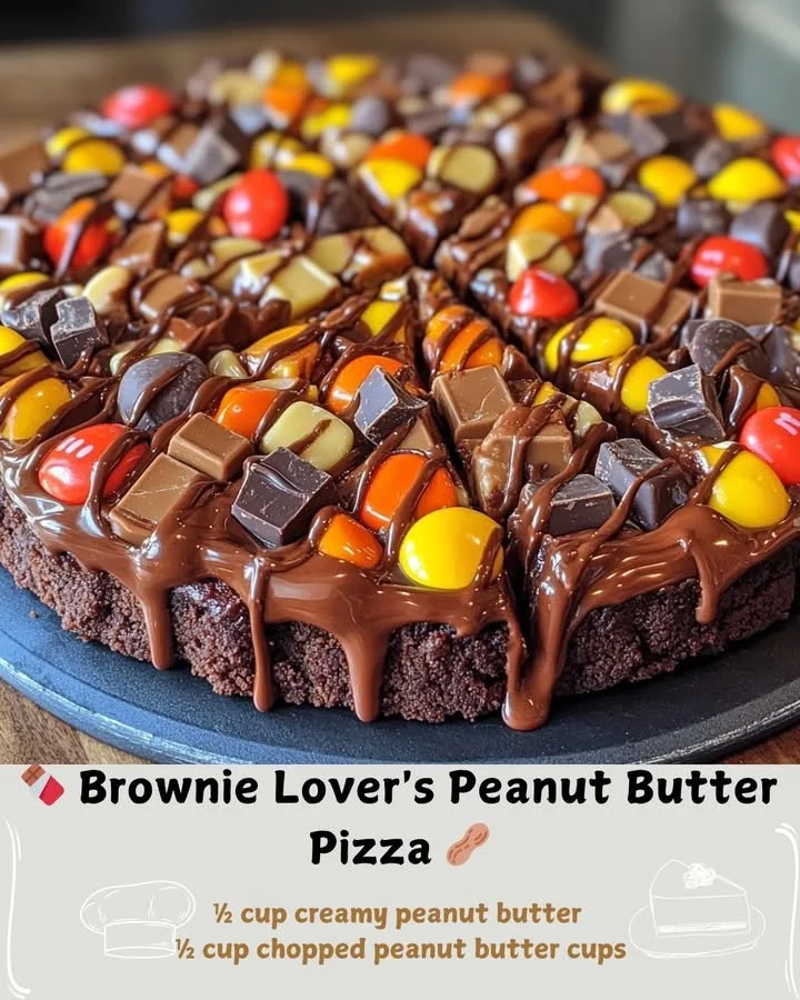 Peanut butter pizza topped with brownies and drizzled chocolate sauce