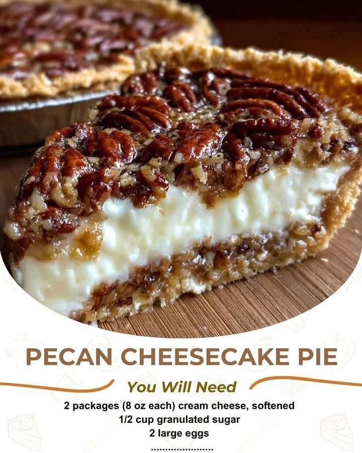 Delicious Pecan Cheesecake Pie with creamy filling and crunchy pecan topping