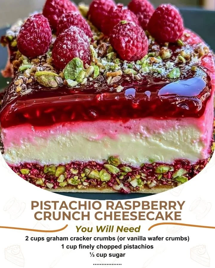 Delicious Pistachio Raspberry Cheesecake with a crunchy topping