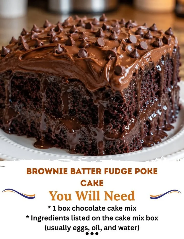 Poke cake with brownie batter fudge topped with chocolate and sprinkles.