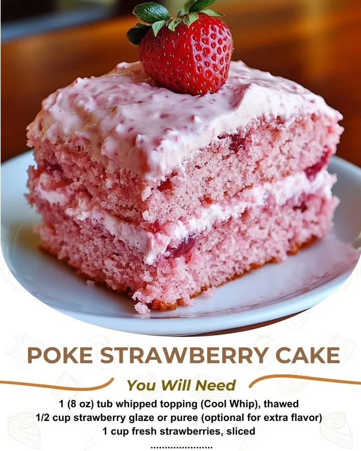Delicious Poke Strawberry Cake topped with fresh strawberries and whipped cream.