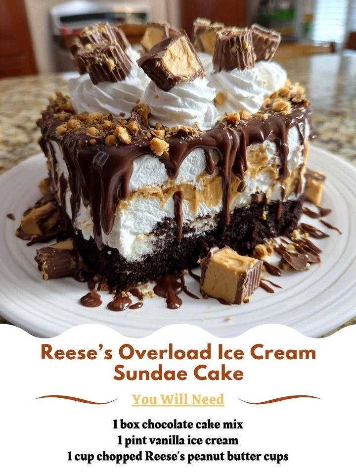 Reese's Overload Ice Cream Sundae Cake topped with peanut butter and chocolate sauce