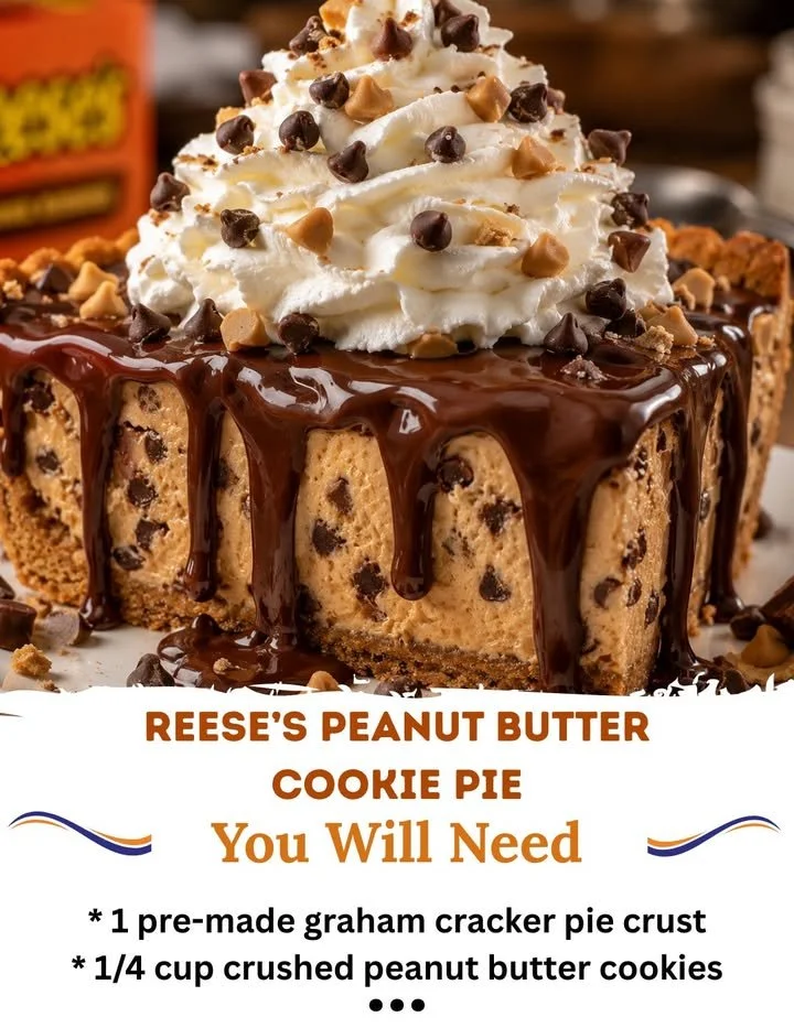 Decadent Reese's Peanut Butter Cookie Pie topped with chocolate and peanut butter.