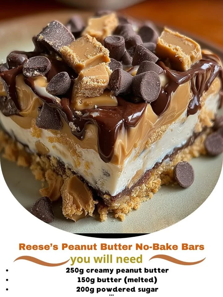Delicious Reese's Peanut Butter No-Bake Bars with a rich chocolate topping