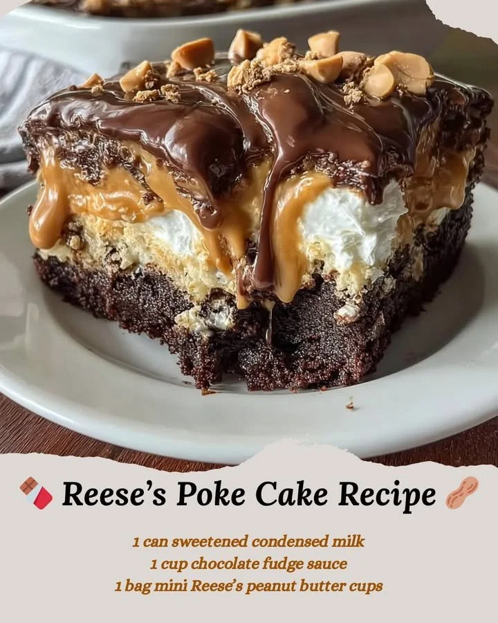 Delicious Reese's Poke Cake topped with peanut butter frosting and chocolate sauce
